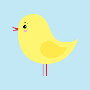 小可爱的黄色卡通小鸡孤立在蓝色的背景上。 平的风格。 复活节卡片