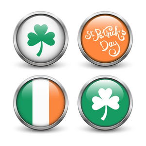 s Day. Buttons with three leaf clover, flag of Ireland and hand 