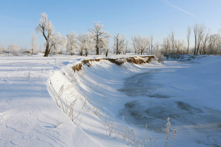 冬天的风景阳光明媚的霜冻早晨在河上蓝天和树木在海霜的海岸
