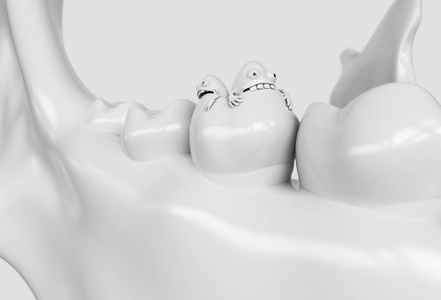 牙齿人类卡通细菌。 龋齿细菌吃牙齿3D渲染
