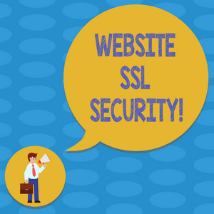文字文字网站 ssl 安全。网络服务器和浏览器之间的加密链接的商业概念在领带携带公文包持有扩音器空白语音气泡