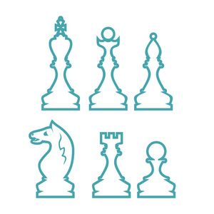 国际象棋人物国王皇后主教骑士新秀卒。 两个矢量图标的集合。 平面设计。