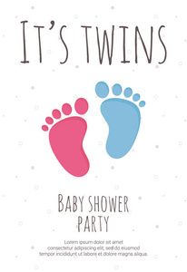 婴儿淋浴派对为未来妈妈的双胞胎模板与粉红色和蓝色幼儿的脚步
