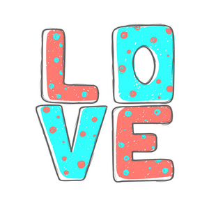 用手画的字母，粉红色和蓝色。 为情人节设计卡片或横幅的书法铭文。