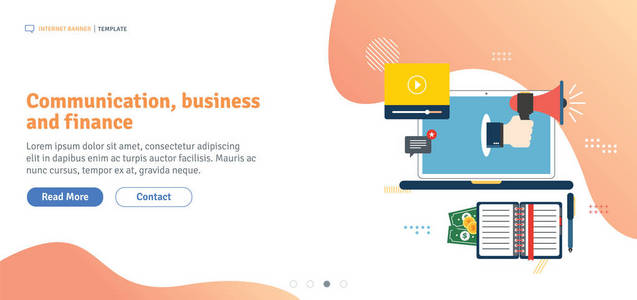 通信业务和金融。 商务会议时间表。 增长和新投资的战略沟通。 模板在平面设计的网页横幅或信息图表在矢量插图。
