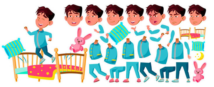 亚洲男孩幼儿园儿童向量。动画创建集。睡吧, 卧室枕头, 玩具。面对情绪, 手势。学龄前儿童游戏。友谊。适用于广告展示设计。动画