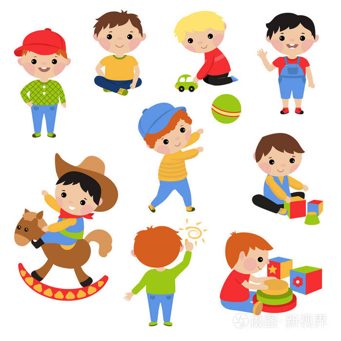 小男孩玩玩具. 白色背景.