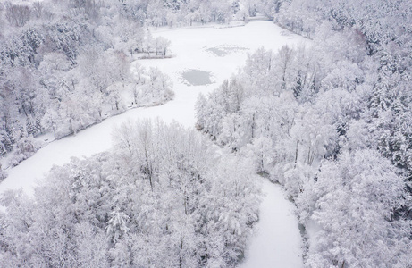 鸟瞰冬季美丽的景观，树木覆盖着海霜和雪。 上面的冬天风景。 用无人机拍摄的景观照片。