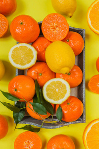橙色柠檬柑橘类水果，黄色背景平顶图案