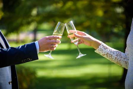 新娘和新郎拿着结婚香槟酒杯。