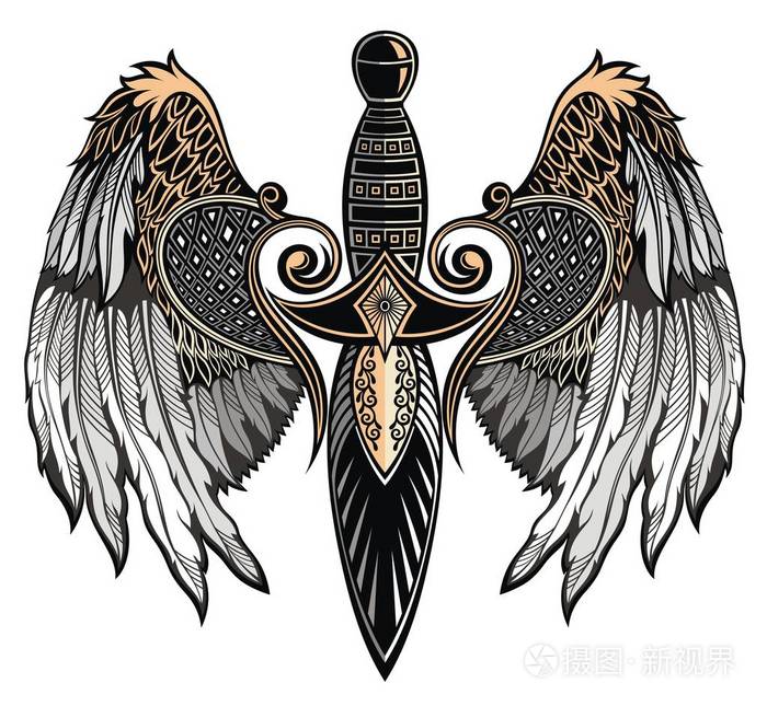 有翅膀的剑. 纹身剑矢量插图