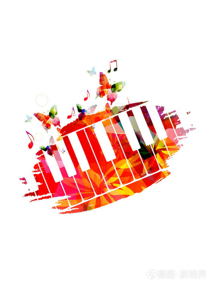 插画 创意音乐风格模板矢量插图彩色钢琴键音乐乐器背景与音乐音符.
