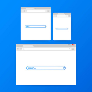 蓝色背景上的简单浏览器窗口。浏览器搜索。平面样式的 web 浏览器。向量例证