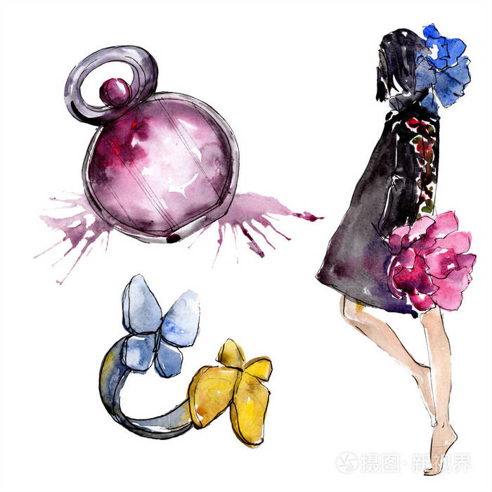 服装配饰设置时尚时尚服装. 水彩背景插图集.