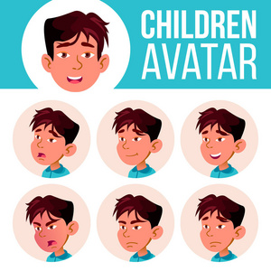 亚洲男孩阿凡达设置孩子向量。幼儿园。面部情绪。网, 头, 图标。美丽, 生活方式, 友好。海报, 剪贴画。动画片头例证