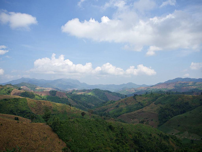 风景拍摄的青山谷干玉米田和蓝天与云南泰国