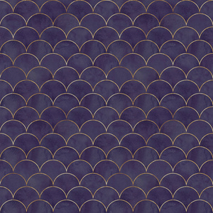 水彩手绘深紫色背景与金色线. 水彩鳞片形状的纹理.