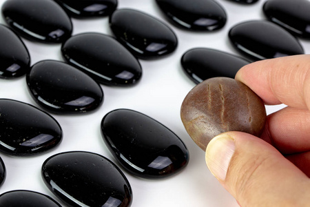 白色背景上的黑色卵石和棕色卵石。 多样性或单一性的概念