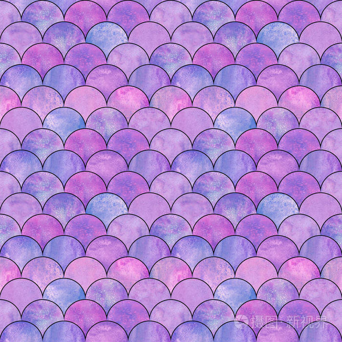 美人鱼鱼鳞波日本魔术无缝图案. 水彩手绘明亮的彩色背景与黑色轮廓.