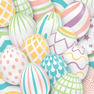 复活节背景与3d 华丽的鸡蛋。柔和颜色的插图。可爱的复活节横幅, 海报, 传单或贺卡