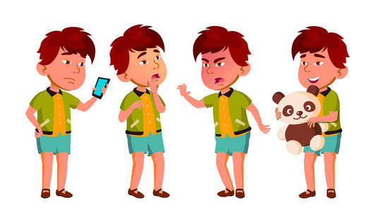 亚洲男孩幼儿园儿童波集向量。高加索儿童表达。活动。适用于横幅宣传单网页设计。孤立的动画片例证