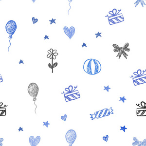 淡蓝色矢量无缝纹理在生日风格。 闪亮的插图与心巴伦糖果礼物明星丝带。 新年广告的模式。