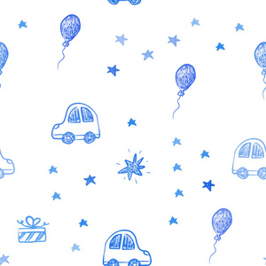 浅蓝色矢量无缝背景圣诞风格。 插图与渐变玩具汽车巴伦糖果星球。 新年明信片的模板。