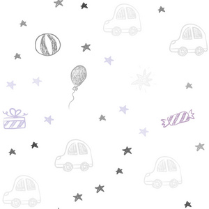 浅紫色矢量无缝图案在圣诞节风格。 抽象插图与玩具汽车巴伦糖果星球。 设计五颜六色的广告。
