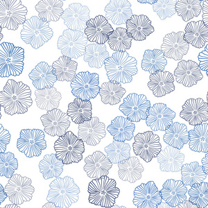 浅蓝色矢量无缝涂鸦图案与花。 白色背景上有梯度的花。 壁纸面料制造商的设计。