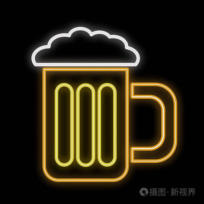 美丽的抽象霓虹灯明亮的黄色发光文本从一个杯子, 一杯新鲜的泡沫美味
