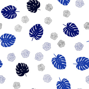 深蓝色矢量无缝涂鸦纹理与花叶。 在白色背景上以自然的风格留下花。 纺织品壁纸设计。