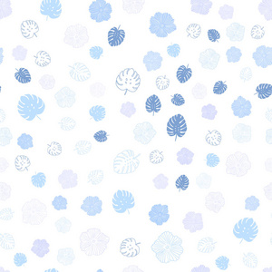 浅粉红色蓝色矢量无缝涂鸦模板与叶花。 创造性的插图在模糊的风格与树叶花。 壁纸面料制造商的设计。