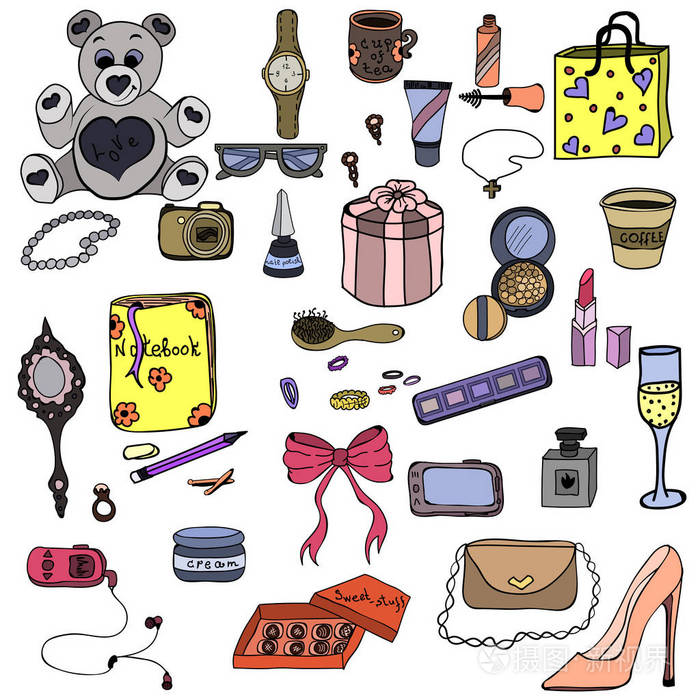 每个预置分别绘制,可以移动. 一套时尚女孩的物品. 矢量.