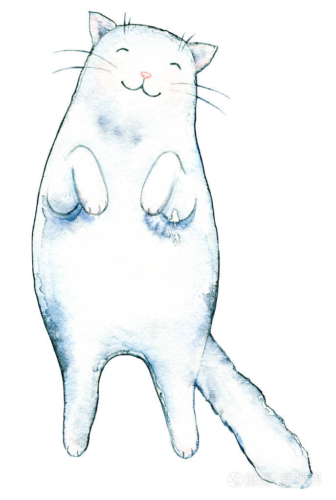 可爱的白猫躺着,微笑孤立在白色的背景上. 水彩手绘插图