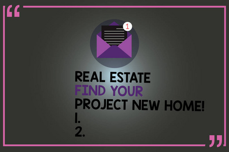 文本符号显示房地产找到你的项目新的家。概念照片查找房屋属性打开信封与纸新的电子邮件在引号大纲内
