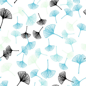浅蓝色矢量无缝自然图案与叶子。 涂鸦插图的叶子折纸风格与梯度。 纺织品壁纸设计。
