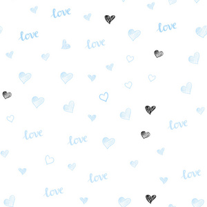 浅蓝色矢量无缝模板与文字爱你的心。 设计涂鸦风格与文字爱你的心。 壁纸面料制造商的设计。
