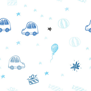 淡蓝色矢量无缝纹理在生日风格。 抽象插图与玩具汽车巴伦糖果星球。 生日礼物的图案。