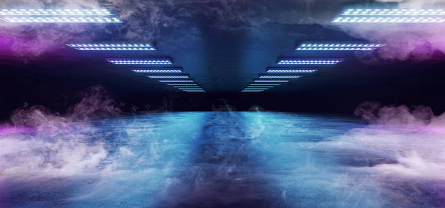 烟雾SCI FI网络未来外星飞船舞蹈光霓虹灯发光紫粉红色激光灯引导在黑暗格栅混凝土地板隧道走廊空背景3渲染插图。