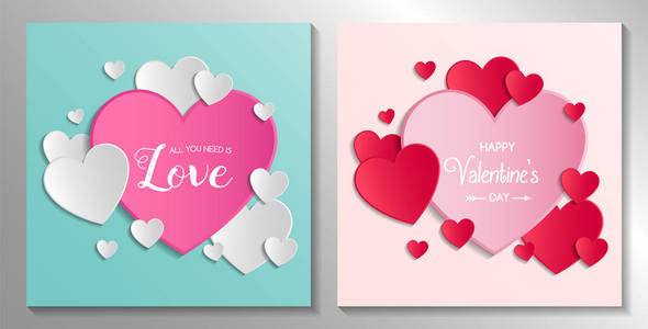 s Day  set of cute greeting card with paper cut hearts. Vector