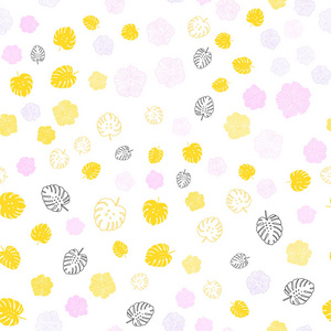 浅粉红色黄色矢量无缝抽象背景与叶花。 白色背景上粗糙的涂鸦。 壁纸面料制造商的设计。