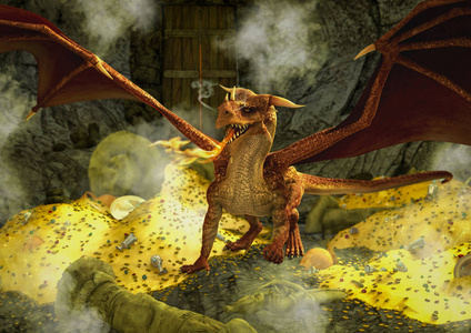 一个幻想的场景,里面有一条红色的龙,洞里有黄金和其他宝藏.照片