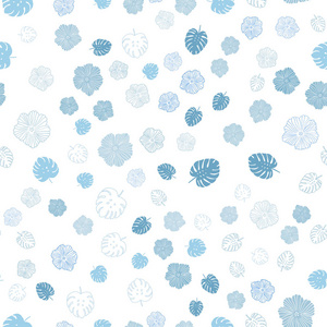浅蓝矢量无缝抽象背景与叶子，花。白色背景上的素描涂鸦。设计为壁纸，面料制造者。