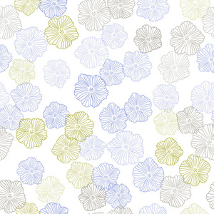 浅蓝黄色矢量无缝涂鸦背景与花。 白色背景上有梯度的花。 织物壁纸设计图案。