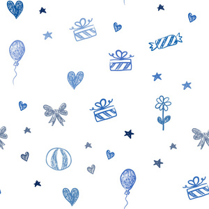 浅蓝矢量无缝背景圣诞风格。插图与五颜六色的心，巴伦，糖果，礼物，明星，丝带。模式为嘉年华，节日广告..