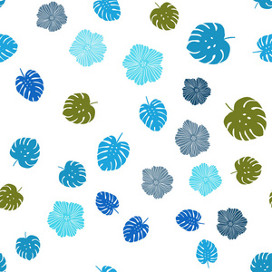 淡蓝色，绿色矢量无缝涂鸦模板与花，叶..彩色插图在涂鸦风格与叶子，花。时尚面料壁纸图案。