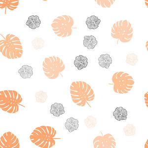浅橙色矢量无缝涂鸦背景与花叶。 现代抽象插图与叶子和花。 织物壁纸设计图案。