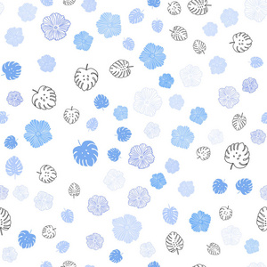 浅蓝矢量无缝抽象设计与叶，花。叶子，白色背景上自然风格的花。设计为壁纸，面料制造者。