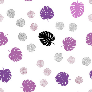 浅紫色，粉红矢量无缝天然艺术品与花，叶。用树叶花朵模糊的风格创作插图。设计为壁纸，面料制造者。