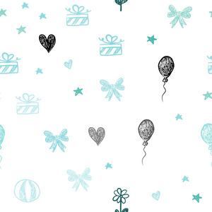淡蓝色矢量无缝纹理在生日风格。闪亮的插图与心，巴伦，糖果，礼物，星星，丝带。假日广告设计。